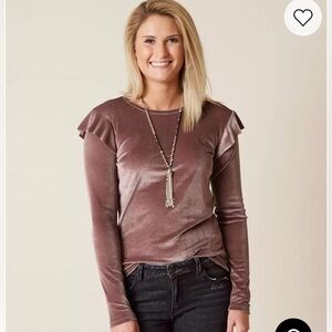 BKE Velvet Ruffle Sleeve Blouse - mauve